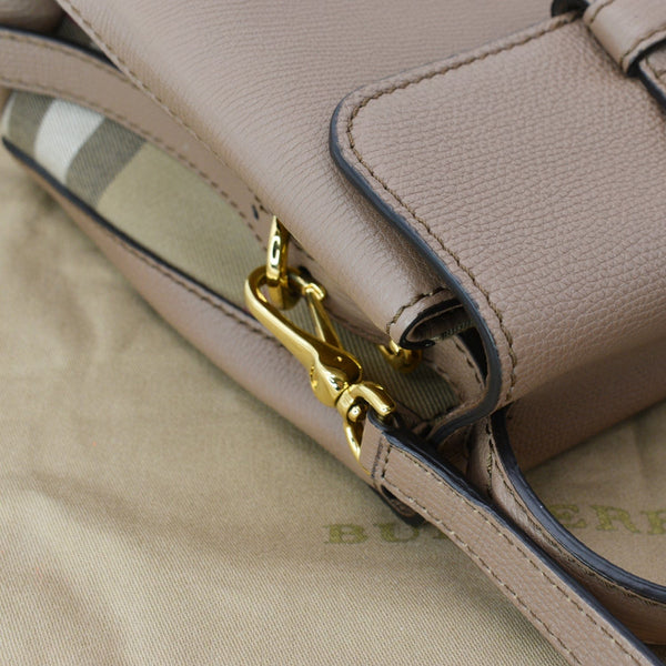 BURBERRY Medium Grainy House Check Leather Tote Shoulder Bag Dark Sand