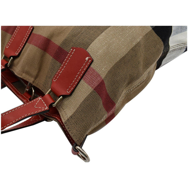 BURBERRY Susanna Medium Check Canvas Leather Bucket Shoulder Bag Red