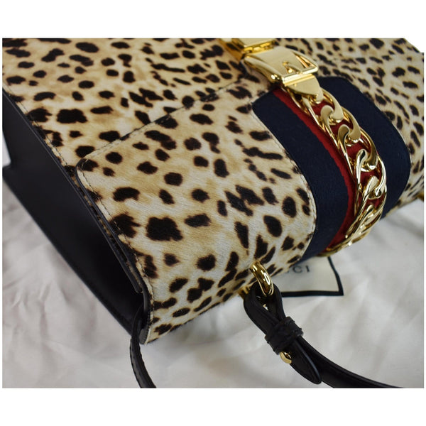 GUCCI Leopard Print Sylvie Medium Calf Hair Top Handle Bag Beige 431665