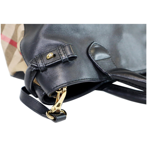 BURBERRY House Check Medium Banner Calf Leather Tote Bag Black