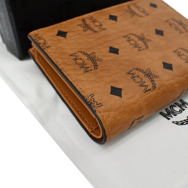 MCM Bifold Visetos Leather Zip Card Wallet Cognac