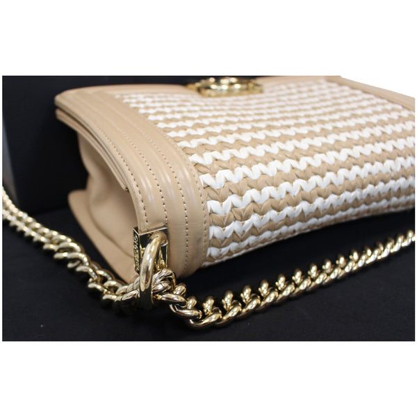 CHANEL BOY Braided Lambskin Leather Shoulder Bag Beige