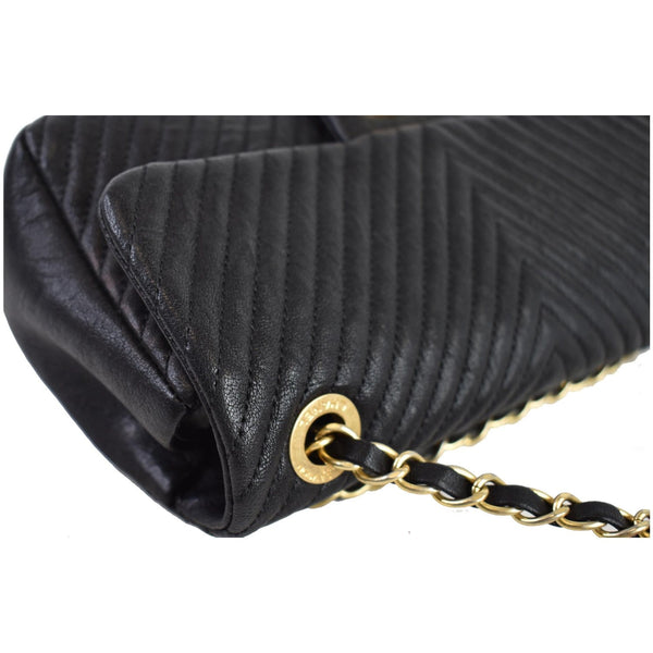 CHANEL Surpique Chevron Calfskin Classic Flap Shoulder Bag Black