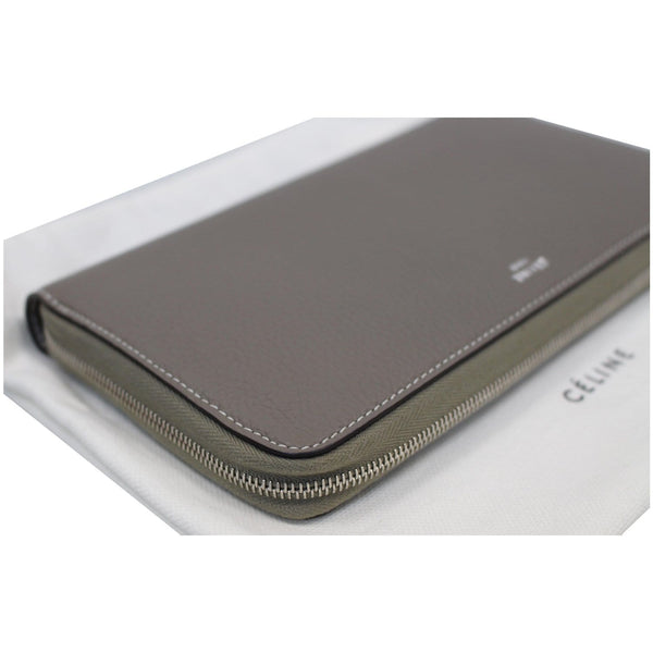 CELINE Large Zip Around Multifunction Drummed Calfskin Wallet Taupe Grey