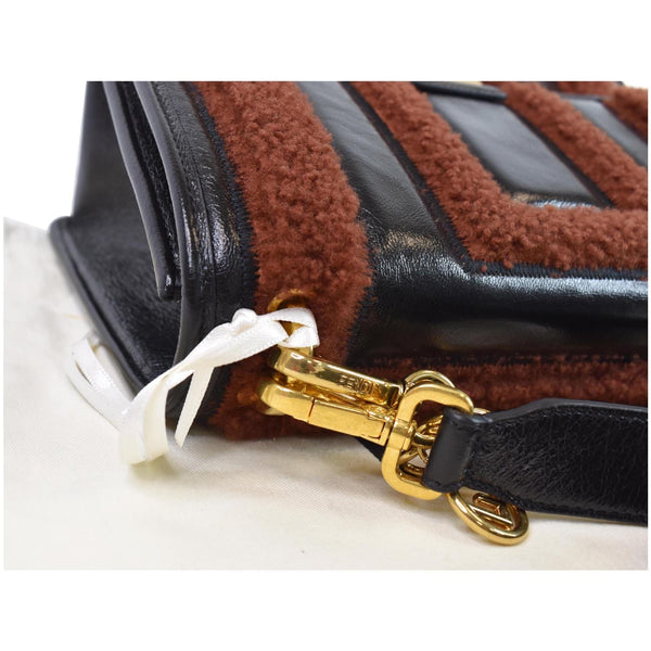 FENDI Kan U Medium Shearling Patent Leather Shoulder Bag Brown