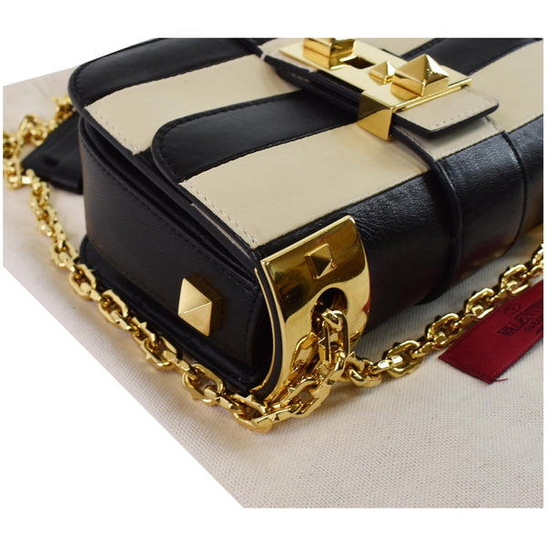 VALENTINO Striped B Rockstud Leather Shoulder Bag Ivory