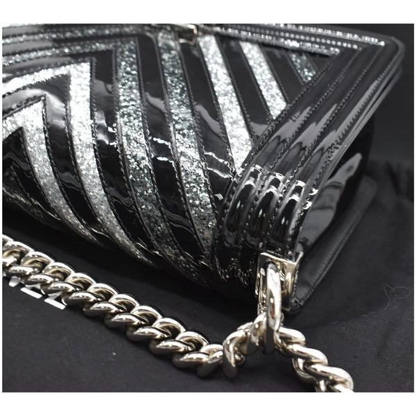 CHANEL Medium Boy Chevron Patent Glitter PVC Shoulder Bag Black