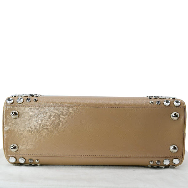 PRADA Vernice Crystal Small Frame Studded Saffiano Leather Top Handle Bag Beige