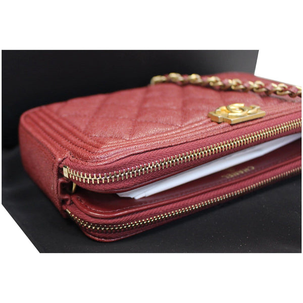 CHANEL Small Boy Caviar Quilted Clutch With Chain Shoulder Bag Red