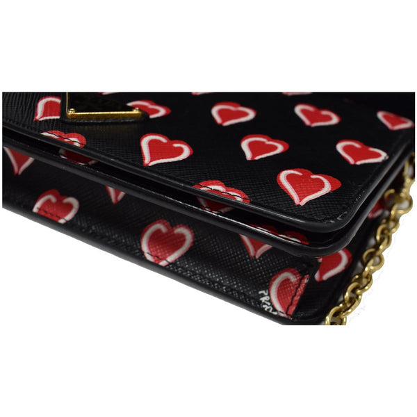 Prada Saffiano Heart Print Long Leather WOC Crossbody Bag - black