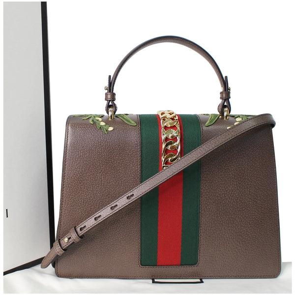 GUCCI Sylvie Embroidered Leather Medium Top Handle Bag Brown 431665