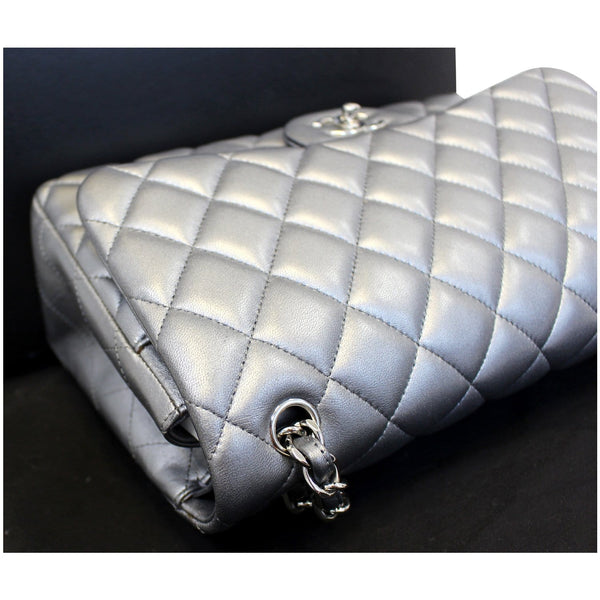 CHANEL Jumbo Calfskin Leather Double Flap Silver Shoulder Bag