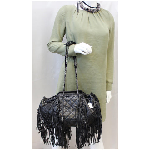 CHANEL Paris Dallas Drawstring Fringe Shoulder Bag Black