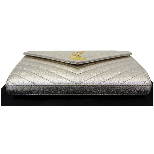 YVES SAINT LAURENT Chevron Leather Chain Wallet Shoulder Bag Silver