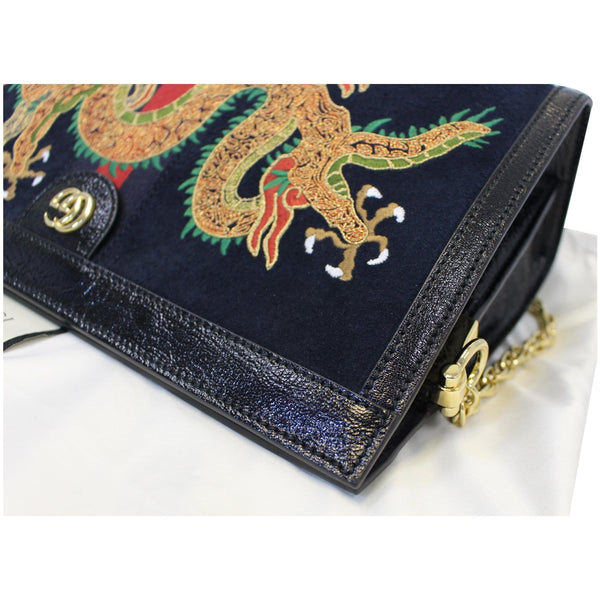 GUCCI Ophidia Dragon Embroidered Suede Leather Shoulder Bag Blue