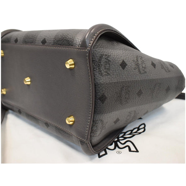 MCM Kathy Visetos Logo Printed Leather Tote Shoulder Bag Grey