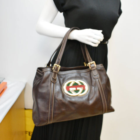GUCCI Britt Leather Tote Bag Dark Brown 162094