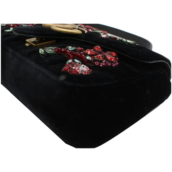 Gucci GG Marmont Floral Gems Mini Velvet Matelasse Embroidered Shoulder Bag Black
