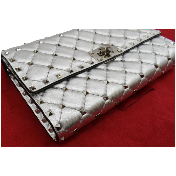 VALENTINO Rockstud Spike Nappa Leather Clutch Bag Metallic Silver