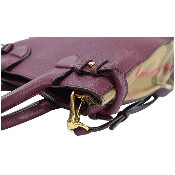 BURBERRY Small Banner Leather House Check Tote Shoulder Bag Burgundy