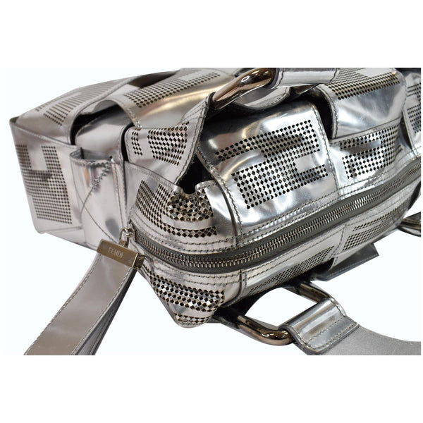 FENDI Crossword Metallic Perforated Leather Shoulder Bag Silver