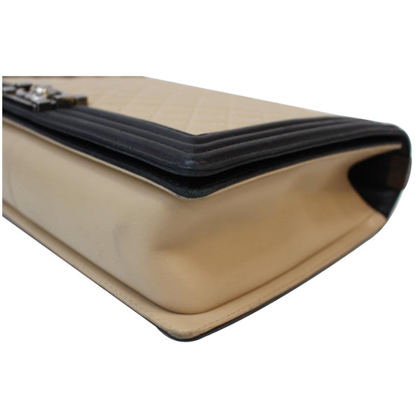 CHANEL Bi-Color Large Boy Flap Quilted Lambskin Leather Shoulder Bag Beige