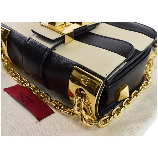 VALENTINO Striped B Rockstud Leather Shoulder Bag Ivory