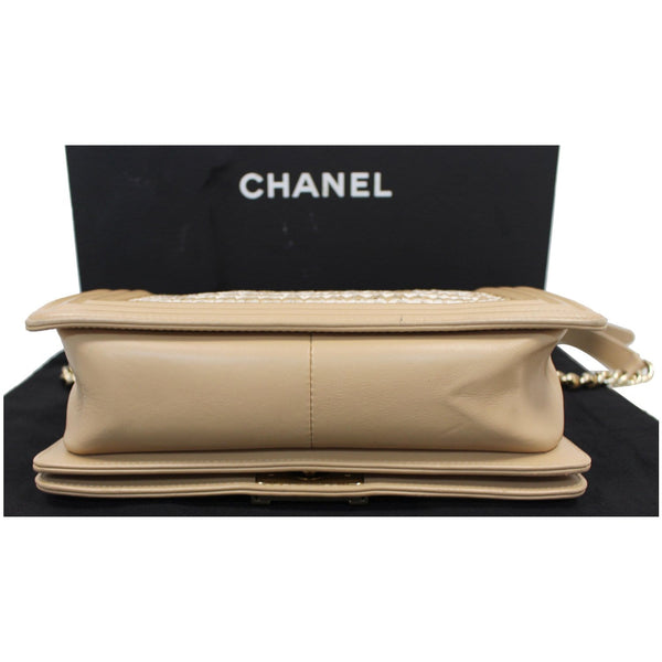 CHANEL BOY Braided Lambskin Leather Shoulder Bag Beige