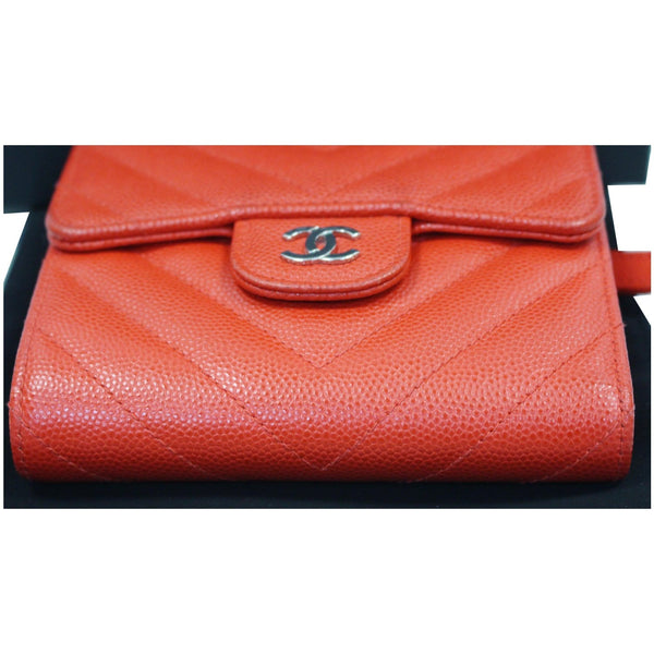 CHANEL Small Chevron Quilted Caviar Compact Flap Wallet Red