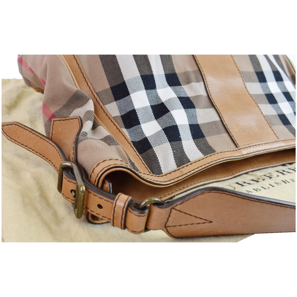 BURBERRY House Check Leather Hobo Bag Brown