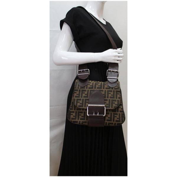 FENDI Zucca Canvas Buckle Shoulder Bag Tobacco Brown