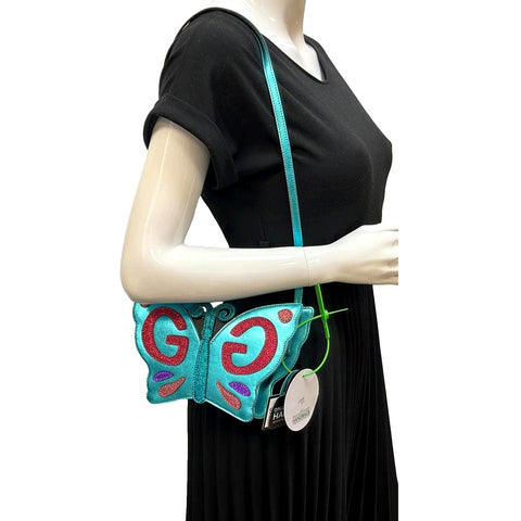 Gucci Kid's Glitter Butterfly Leather Shoulder Bag Metallic Blue 648809