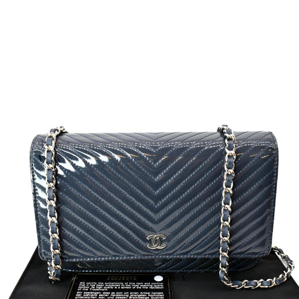CHANEL WOC Chevron Patent Leather Crossbody Wallet On Chain Bag Blue