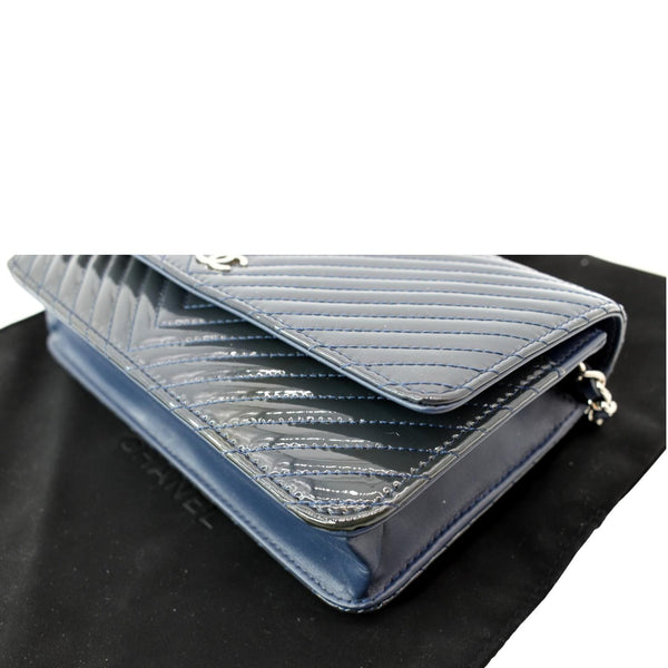 CHANEL WOC Chevron Patent Leather Crossbody Wallet On Chain Bag Blue