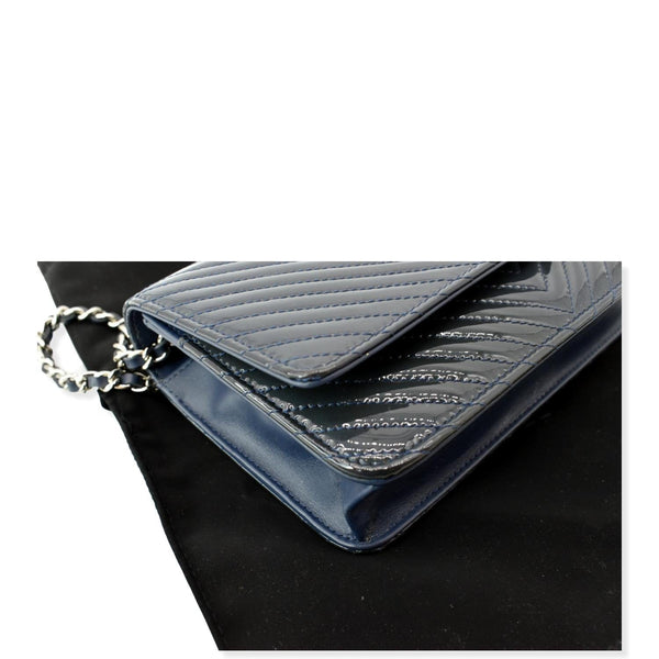 CHANEL WOC Chevron Patent Leather Crossbody Wallet On Chain Bag Blue