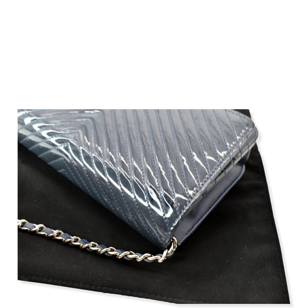 CHANEL WOC Chevron Patent Leather Crossbody Wallet On Chain Bag Blue