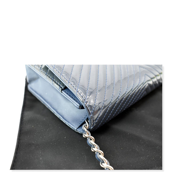 CHANEL WOC Chevron Patent Leather Crossbody Wallet On Chain Bag Blue