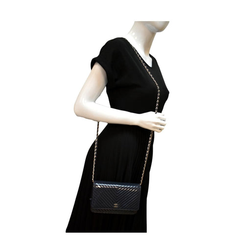 CHANEL WOC Chevron Patent Leather Crossbody Wallet On Chain Bag Blue