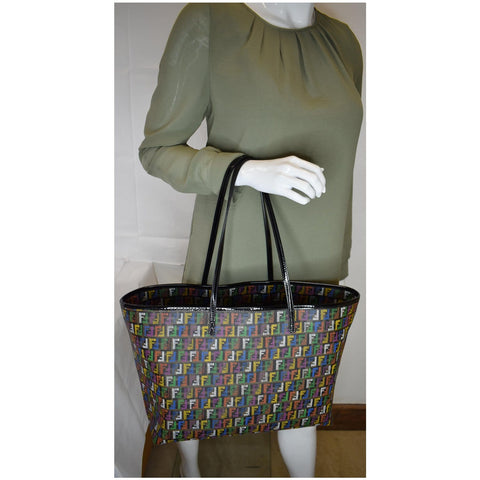 FENDI Zucca Print Roll Canvas Shoulder Tote Bag Multicolor