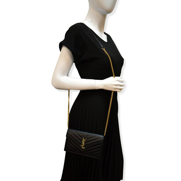 YVES SAINT LAURENT Envelope Monogram Leather Crossbody Chain Wallet Black