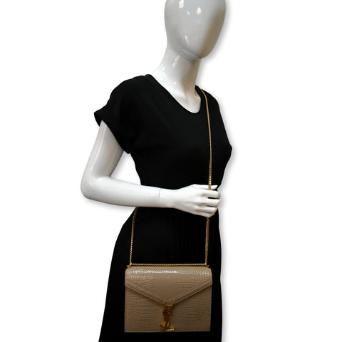 YVES SAINT LAURENT Cassandra Top Handle Embossed Shoulder Bag Beige