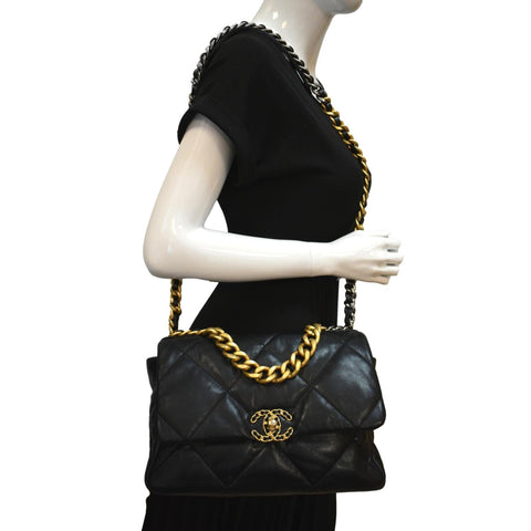 CHANEL 19 Large Flap Quilted Lambskin Leather Shoulder Bag Black - Hot Deals