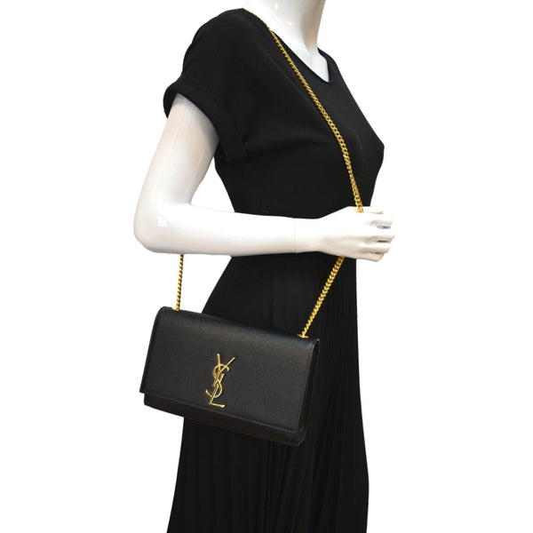 YVES SAINT LAURENT Kate Leather Gold Chain Clutch Crossbody Bag Black
