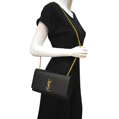 YVES SAINT LAURENT Kate Leather Gold Chain Clutch Crossbody Bag Black