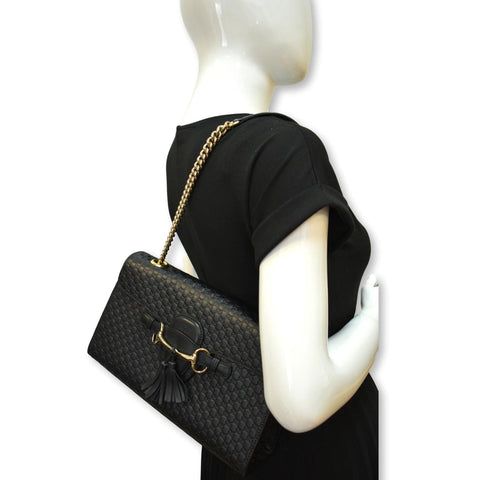 GUCCI Emily Medium GG Guccissima Leather Chain Shoulder Bag 449635 Black