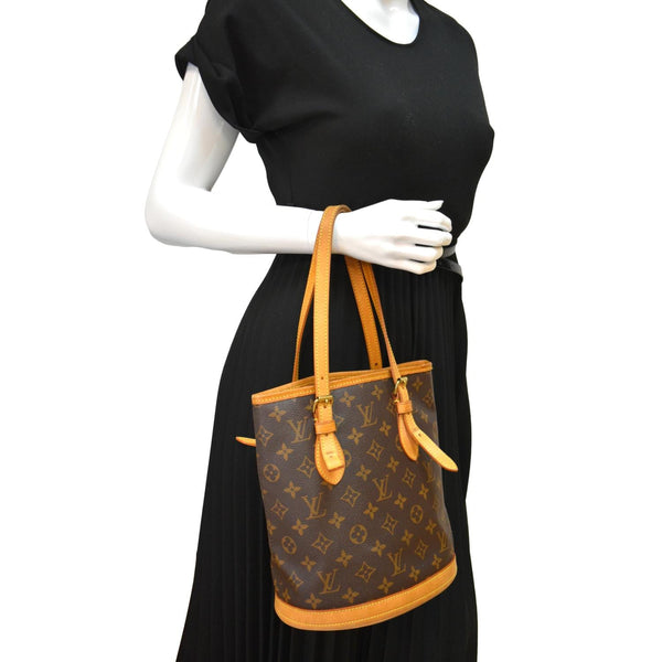 LOUIS VUITTON Petit Bucket Monogram Canvas Shoulder Bag Brown