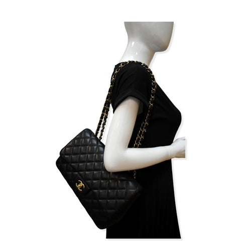 CHANEL Classic Jumbo Flap Lambskin Leather Shoulder Bag Black
