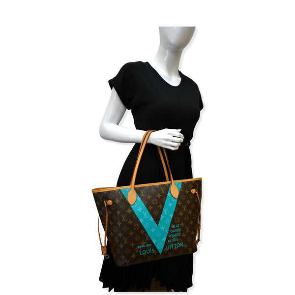 LOUIS VUITTON Limited Edition V Neverfull MM Monogram Canvas Tote Bag Turquoise
