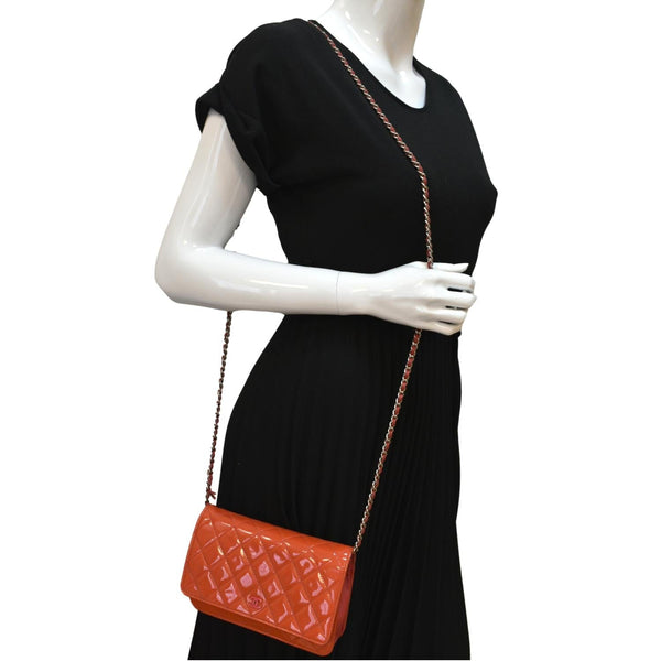Chanel WOC Patent Leather Wallet On Chain Clutch Bag Red
