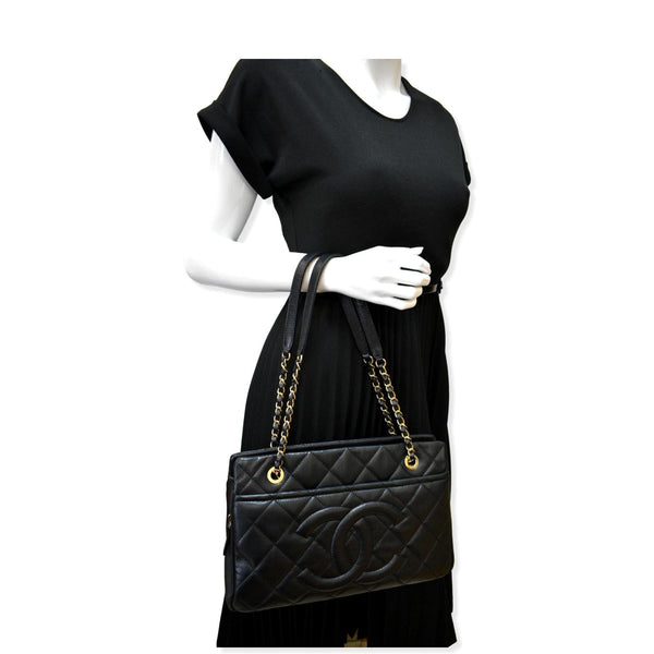 CHANEL Timeless CC Soft Quilted Caviar Leather Shopping Tote Bag Black